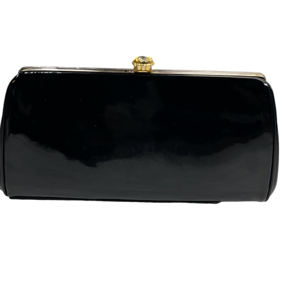 Vintage Black Patent Leather Kiss-Lock Clutch with Gold Rhinestone Flower